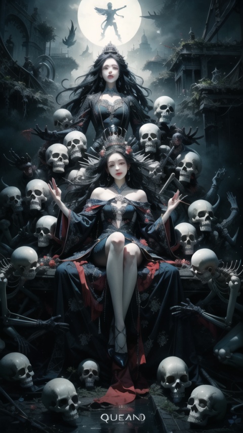 Queen, holding a long sword, a perfect long sword, a straight sword, Full body display, leaning against the ruins, with a floating skeleton in the background. The Queen's expression is enchanting, her posture is seductive, her hand is holding her face, and there is a flicker of evil energy runes in the background, blood mist filled, and soft light. My feet are covered in bones. Skeletons, many skeletons. Black stockings. Official art, unit 8 k wallpaper, ultra detailed, beautiful and aesthetic, masterpiece, best quality, extremely detailed, dynamic angle, paper skin, radius, iuminosity, cowboyshot, the most beautiful form of Chaos, elegant, a brutalist designed, visual colors, romanticism, by James Jean, roby dwi antono, cross tran, francis bacon, Michael mraz, Adrian ghenie, Petra cortright, Gerhard richter, Takato yamamoto, ashley wood, atmospheric, ecstasy of musical notes, streaming musical notes visible, flowers in full bloom, many bird of parade, deep forests, sunlight, atmosphere, rich details, full body lens, shot from above, shot from below, detail background, beautiful sky, floating hair, perfect face, exquisite facial features, high detail, smile, Fisheye lens, dynamic angle, dynamic posture,