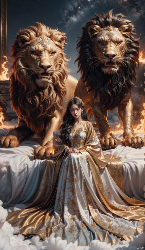  (Masterpiece, High Quality), (1 Girl), White Long Hair, (Dark Gold Dress), Girl and 1 Flame Lion Face to Face. A sparkling lion, a sparkling starry sky. The girl's gaze is firm, while the lion's gaze is wild and loyal. The entire scene is full of mystery and adventure. Flame lion, stars, courage, determination, mythological creatures, fantasy, adventure, courage, loyalty, grandeur, magic, mystery, beauty, flowers. (Complex details, high resolution), clear focus, dramatic lighting, realistic art.

