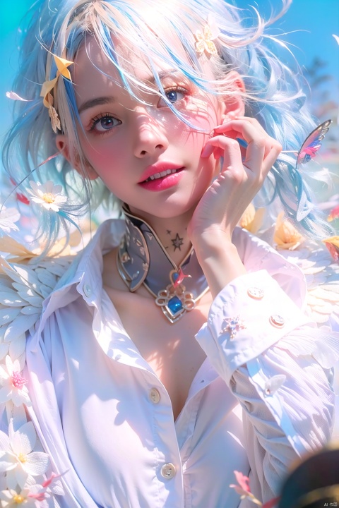  (beautiful, best quality, high quality, masterpiece:1.3) , solo focus,thin waist, wings , ggdizzy,((blue hair)), ((red eyes)),yellow hair ribbon,a girl have two wings and one wing is white and the other wing is black,smile,hair ribbon, glint sparkle,miku