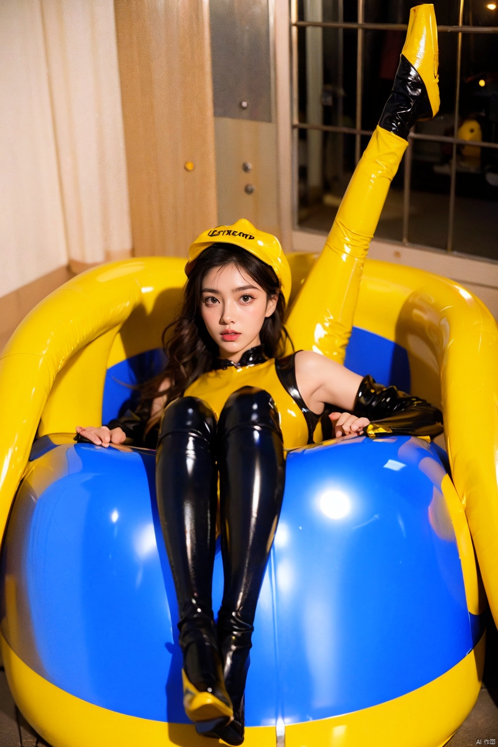  1girl,solo,black_hair,mecha,on back,bodysuit,blue eyes,headwear removed,looking_at_viewer,(Space capsule:1.2),Floating mechanical props,indoor,
(yellow latex pantyhose:1.2),latex tights outfit,
,