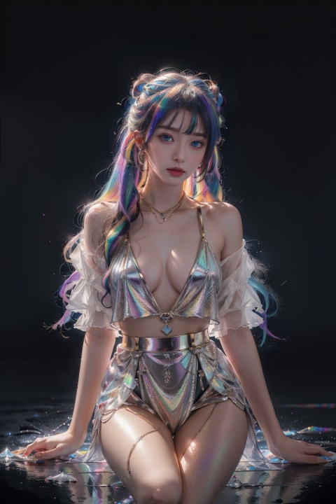 ((best quality)),((masterpiece)), 20-year-old girl, knee shot, hair fluttering, (long hair),jewelry,  twintails, hair bun, 

chromatic dispersion, glowing colors, 
(metallic_lustre:1.3), (transparent_plastic:1.1), coloured glaze, Polychromatic pri** effect, rainbowcore, iridescence/opalescence, see_through, aluminum foil, glowing ambianc, 
night sky city background, neon, star, standard-breast, ,liuli2