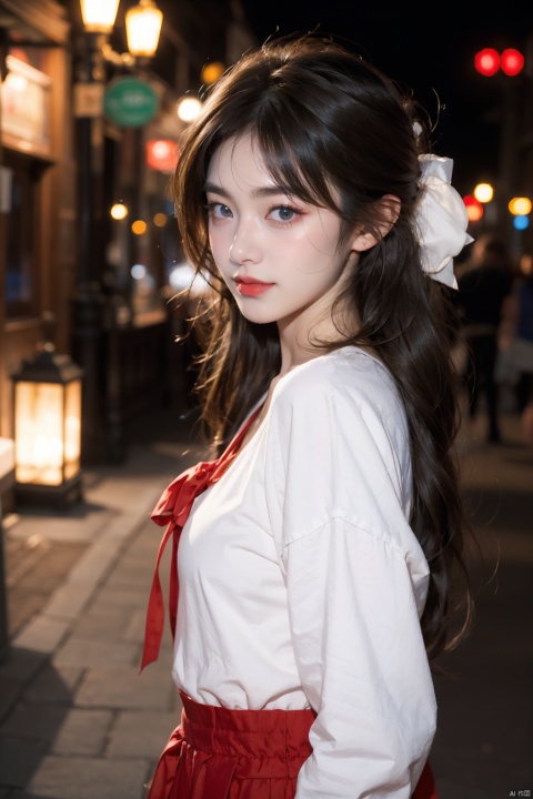  (extremely delicate and beautiful:1.2),1girl,fashi-girl, bangs, blue eyes, blurry, blurry background, bow, brown hair, closed mouth, from side, hair between eyes, hair bow, lantern, light particles, long sleeves, looking at viewer, medium hair, night, red bow, solo, star \(symbol\), upper body,smile,red lips, 1girl, qiqiu