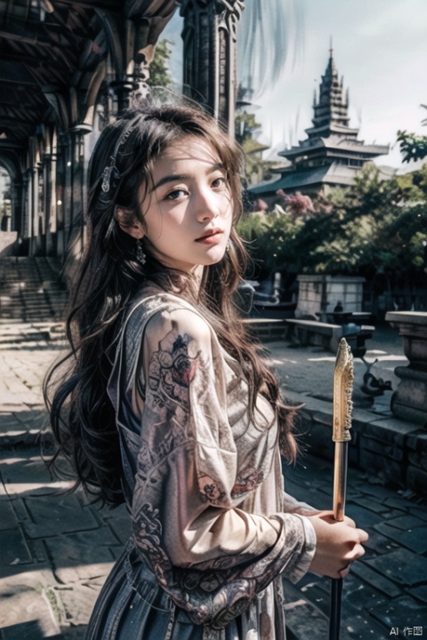  An smile girl with long curly hair, a nice tattoo on her face, wearing western clothing, very mysterious and charming, with a staff in her hand, standing on the mount of a god beast, with a huge Buddha background behind her, magical space, high quality picture quality, gothichorrorai