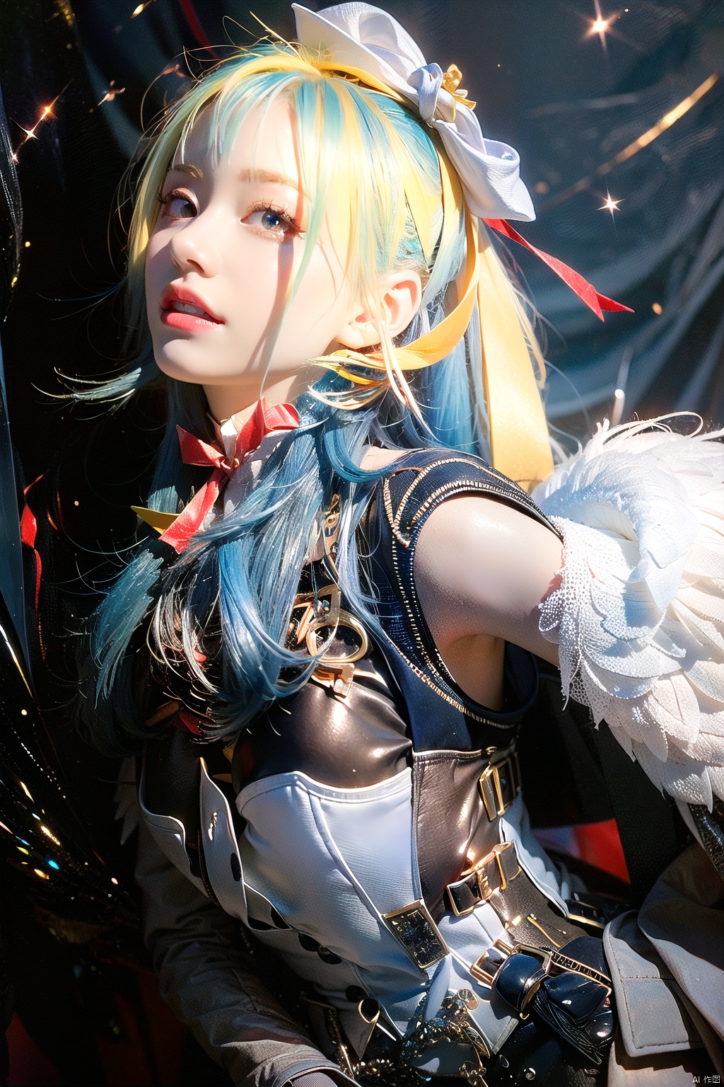  (beautiful, best quality, high quality, masterpiece:1.3) , solo focus,thin waist, wings , ggdizzy,((blue hair)), ((red eyes)),yellow hair ribbon,a girl have two wings and one wing is white and the other wing is black,smile,hair ribbon, glint sparkle