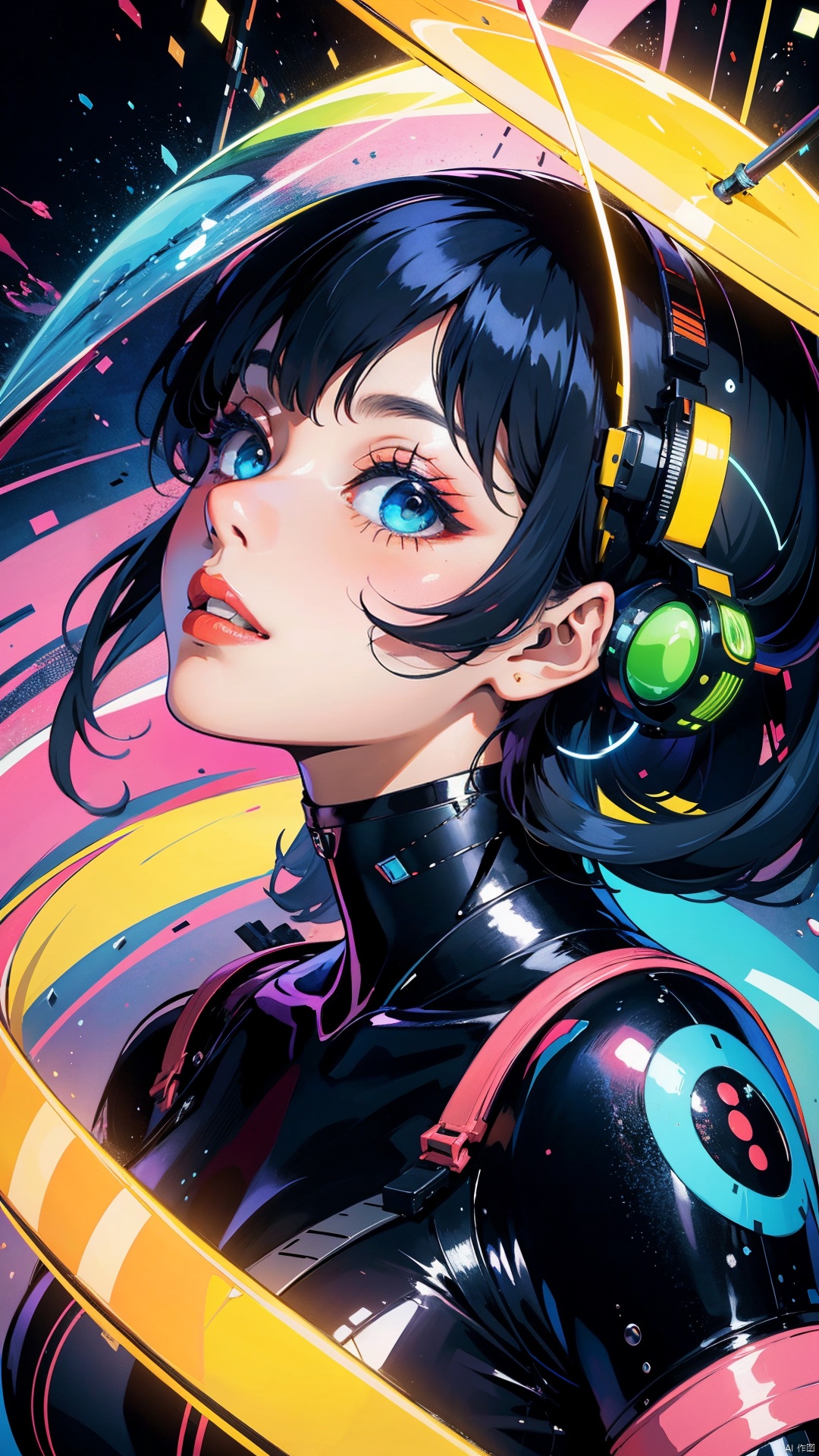  Illustration,futuristic,NFT art,fluorescent
colors,laser colors, a cute girl looking up and smiling,combination of 2d and 3d, solid color backqround, celshadow,Tindal effect, non-photorealistic rendering,transparency, color tilt, animation, blender, geometric artacrylic painting, HUBG_Beauty_Girl