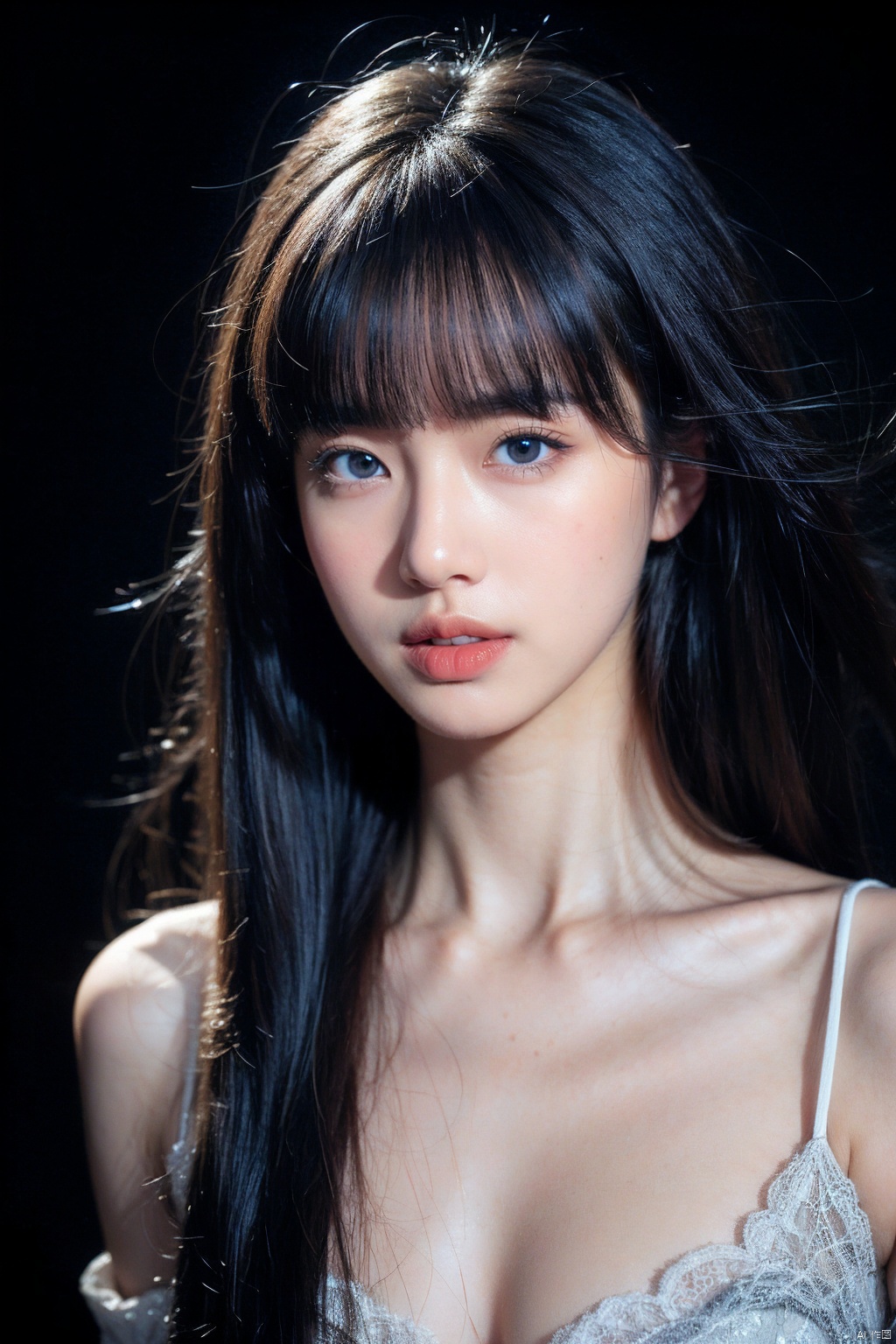  1girl,moyou,masterpiece, best quality, solo, looking at viewer, yellow eyes, long hair, floating hair, black background, parted lips, portrait, hair between eyes, bare shoulders, white hair, bangs, grey hair,,