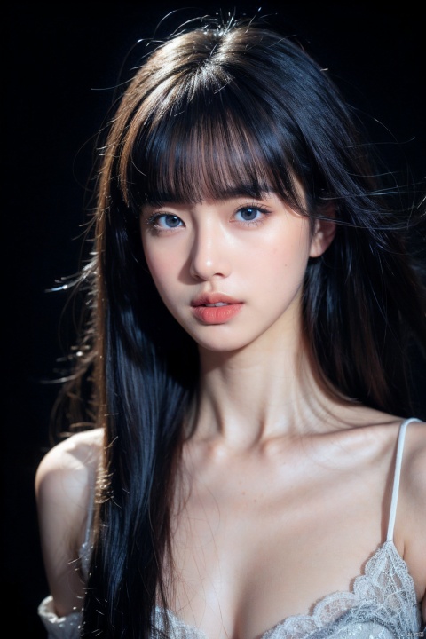  1girl,moyou,masterpiece, best quality, solo, looking at viewer, yellow eyes, long hair, floating hair, black background, parted lips, portrait, hair between eyes, bare shoulders, white hair, bangs, grey hair,,