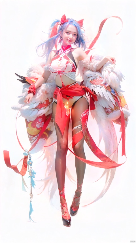  (beautiful, best quality, high quality, masterpiece:1.3) , solo focus,thin waist, wings , ggdizzy,((blue hair)), ((red eyes)),yellow hair ribbon,a girl have two wings and one wing is white and the other wing is black,smile,hair ribbon, glint sparkle,red pantyhose