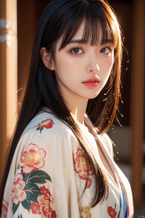  Best quality , masterpiece , ultra high res , raw photo , detail face , detailed skin ,( realistic , photo - realistic :1.3). dramatic lighting . light on face ,1girl, solo, long hair, looking at viewer, bangs, black hair, upper body, parted lips, japanese clothes, blunt bangs, kimono, lips, eyelashes, floral print, portrait, nose