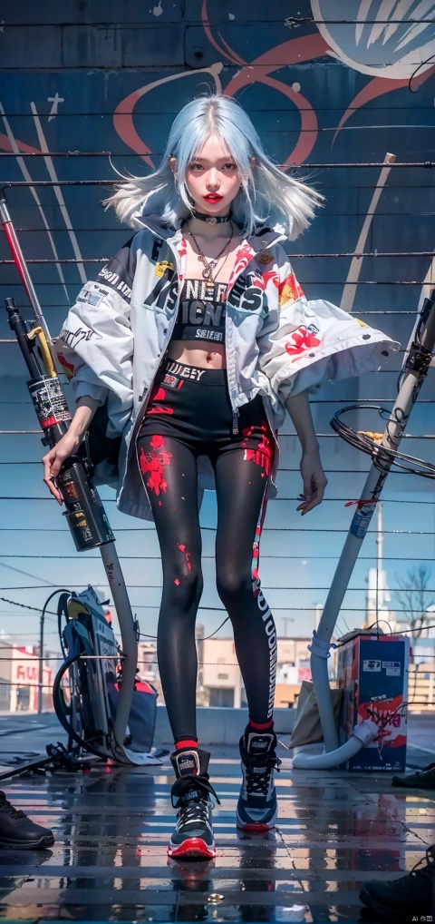  illustration, best quality, ultra-detailed, super detailed skin,cute, lovely, extremely detailed,8K,solo,1girl, detailed background,urban, 💫,⭐️,🌟,✨,night,dynamic angle,beautiful eyes,blash,smile,(streetwear:1.5),street style ,(emphasis splatter ),splatter,graffiti,spraycan,❤️,motion,navel,(croptop:0.8),(ear piercing:0.7),two-tone hair color,(cool),(HDR:1),wind
,(jitome:1.2),perfect hand,active,RETRO ART STYLE, NEON_POP ART STYLE, ART STYLE,, yunqing, newspaper,pantyhose,super long legs,skinny,holding weapon, weapon, knife,gun