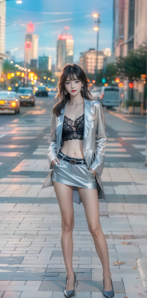  (extremely delicate and beautiful:1.2),1girl,Best quality , masterpiece , ultra high res , raw photo,fashion-girl, bangs, blue eyes, blurry, blurry background, looking at viewer, medium hair, night, solo, upper body,smile,red lips, skinny,pantyhose, sssr,（Left girl, right boy:1.5)