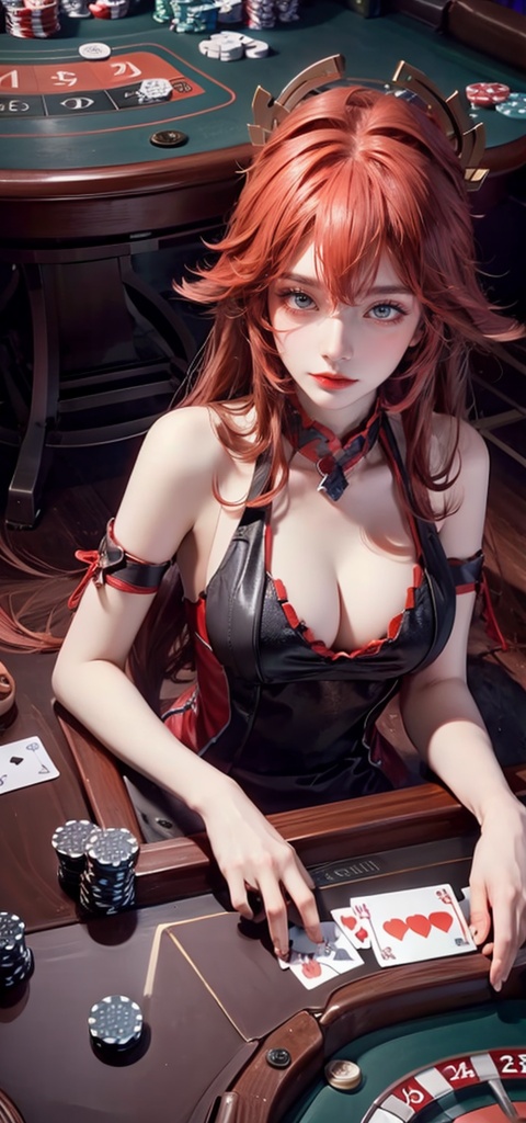 1 Girls in casinos, long hair, black leather, beautiful cleavage, poker, many poker, poker, wide-angle camera, gambling table, lobby, high-quality masterpiece,