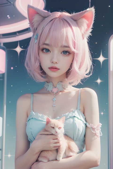 kawaiitech,pastel color,kawaii,cute colors,scifi,pink,scholar,scroll,1girl,long hair,pale skin,white hair,glowing eyes,**ile,cat ears,pastel colors,pale color,hair ornament,short hair,white hair,upper body,（There is a big cat standing next to it：1）,animal ear fluff,pink hair,sparkle,centered,balance,glowing love,