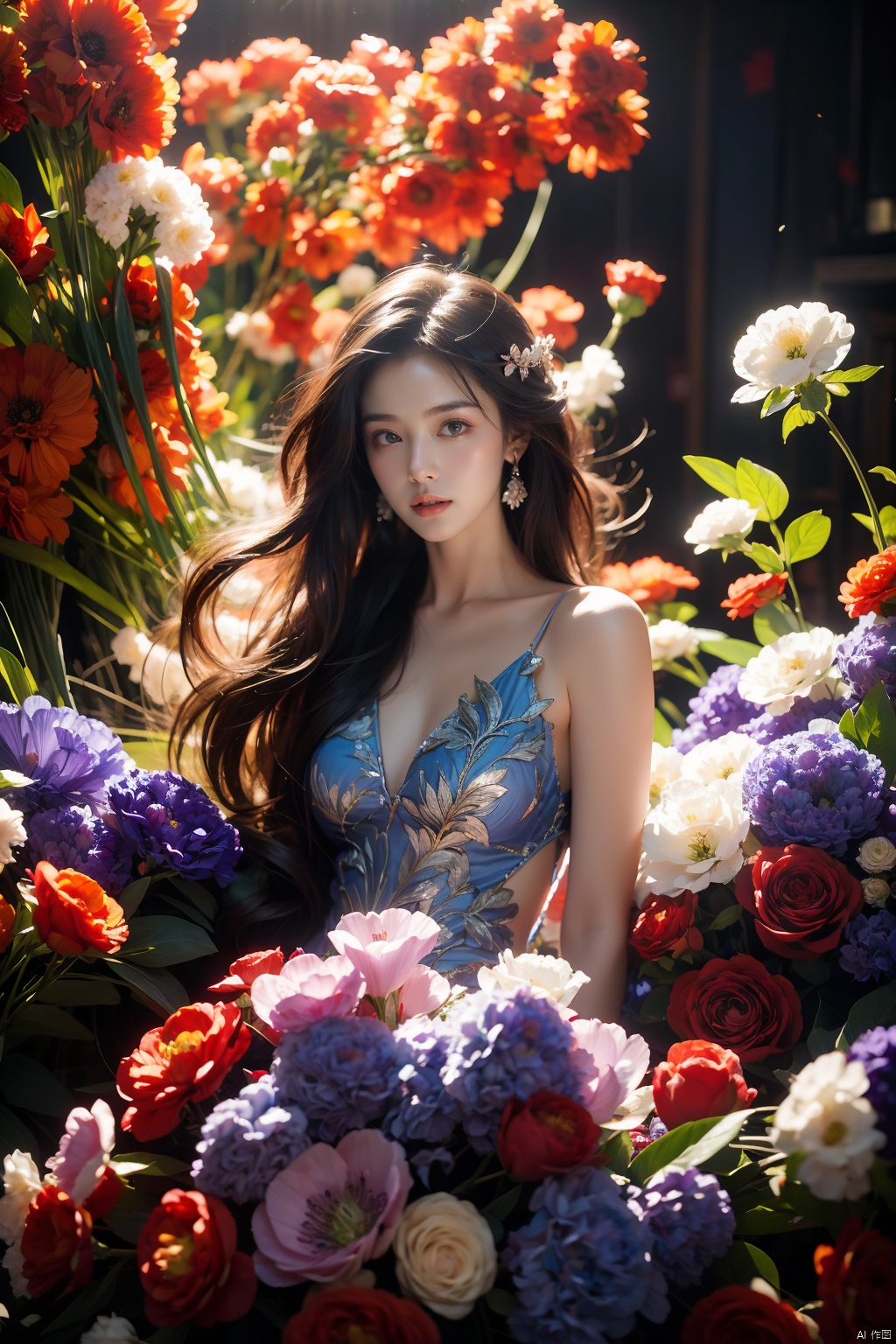  1girl, long hair, flower, Lisianthus, in the style of red and light azure, dreamy and romantic compositions, red, ethereal foliage, playful arrangements, fantasy, high contrast, ink strokes, explosions, over exposure, purple and red tone impression, abstract, whole body capture,
, 1girl