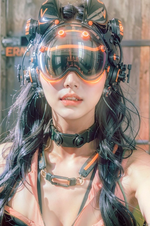  original, masterpiece, best quality, a cyborg woman in a green circle light up cyberhelmet with orange ears, wearing orange jacket, sunny day, on the street , cyberhelmet
