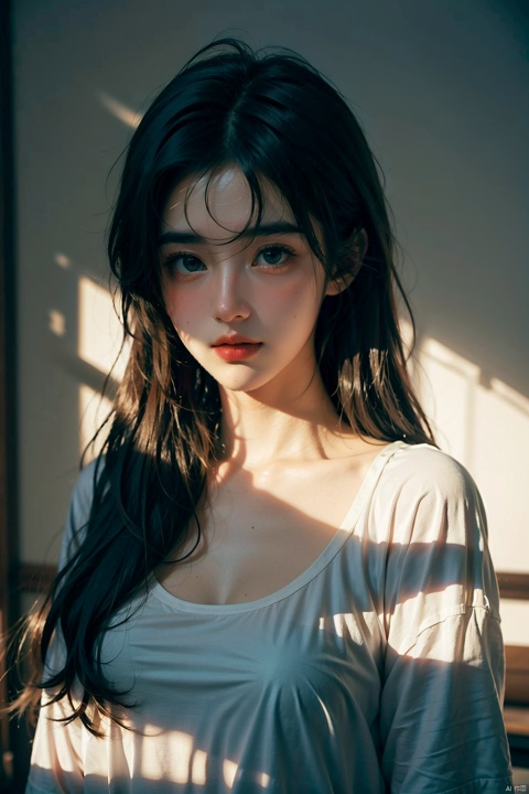  cinematic film still, 1girl, shadow, t-shirt, open shirt, messy long hair, light master, Light master