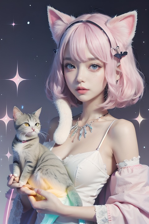 kawaiitech,pastel color,kawaii,cute colors,scifi,pink,scholar,scroll,1girl,long hair,pale skin,white hair,glowing eyes,**ile,cat ears,pastel colors,pale color,hair ornament,short hair,white hair,upper body,holding a cat,animal ear fluff,pink hair,sparkle,centered,balance,glowing love,