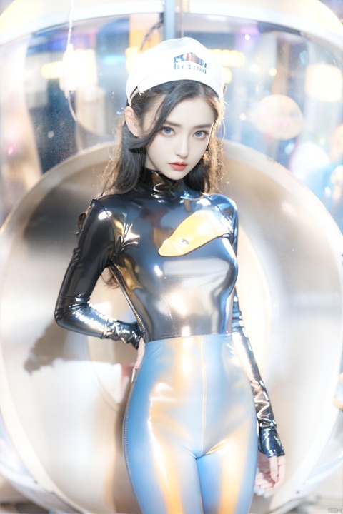  1girl,solo,black_hair,mecha,on back,bodysuit,blue eyes,headwear removed,looking_at_viewer,(Space capsule:1.2),Floating mechanical props,indoor,
(yellow latex pantyhose:1.2),latex tights outfit,
,