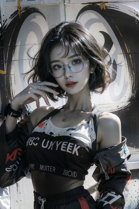  illustration, best quality, ultra-detailed, super detailed skin,cute, lovely, extremely detailed,8K,solo,1girl, detailed background,urban, 💫,⭐️,🌟,✨,night,dynamic angle,beautiful eyes,blash,smile,(streetwear:1.5),street style ,(emphasis splatter ),splatter,graffiti,spraycan,❤️,motion,navel,(croptop:0.8),(ear piercing:0.7),two-tone hair color,(cool),(HDR:1),wind
,(jitome:1.2),perfect hand,active,RETRO ART STYLE, NEON_POP ART STYLE, ART STYLE, hands behind back, yunqing, glasses