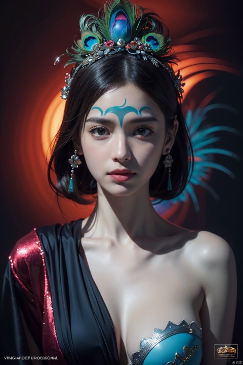  Best Quality, masterpiece, ultra-high resolution, (photo realistic: 1.4) , Surrealism, Fantastical verisimilitude, beautiful blue-skinned goddess Phoenix Peacock on her head, fantastical creation, thriller color scheme, surrealism, abstract, psychedelic, 1 girl,flower,castle,