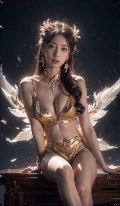  Oriental myth, (close up :1.15), (cleavage cut out, high cut, bare waist, bare legs, bare arms:1.2), Chinese dream Dununhuang Flying sky, super delicate, crystal noble Gorgeous tulle light clothes, behind a pair of translucent gorgeous white wings, soft light, gold wirvire Flying, white feathers, mystery, gems, smoke, Movie HD, lots of detail, surrealism, magic, U Unreal Engine, lighting