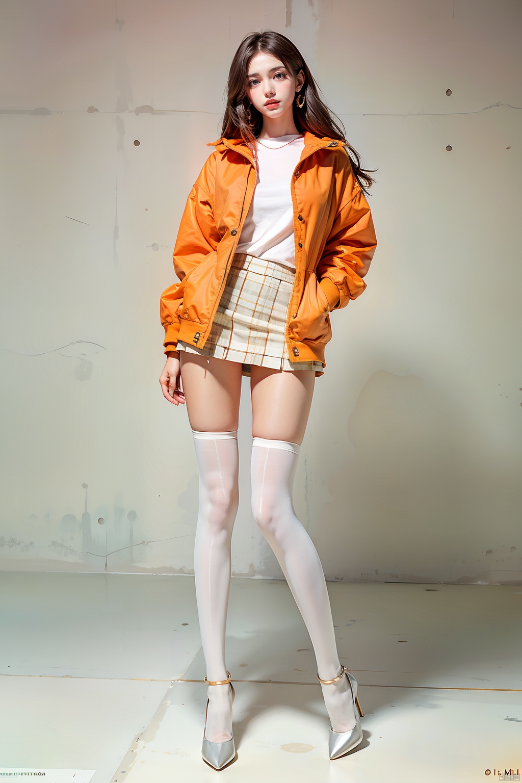  Masterpiece-level best_quality, concept artwork, a lonely solo girl, ,fashion,(mini skirt:1),Super long legs,, standing, realistic, Professionalstudio,highheels,trend,pantyhose,skinny