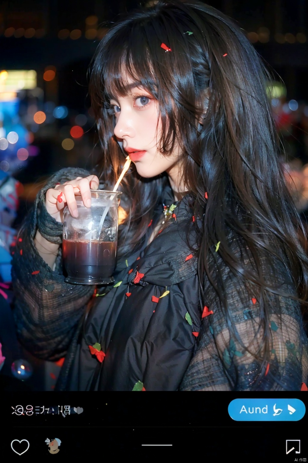  (extremely delicate and beautiful:1.2),1girl,fashi-girl, bangs, blue eyes, blurry, blurry background, bow, brown hair, closed mouth, from side, hair between eyes, hair bow, lantern, light particles, long sleeves, looking at viewer, medium hair, night, red bow, solo, star \(symbol\), upper body,smile,red lips, 1girl, qiqiu