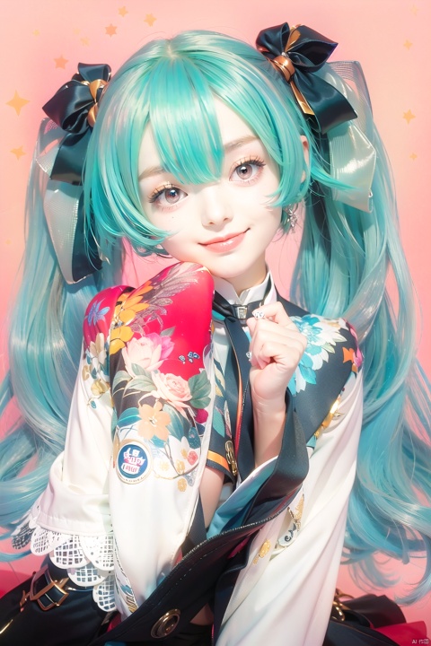  (beautiful, best quality, high quality, masterpiece:1.3) , solo focus,thin waist, wings , ggdizzy,((blue hair)), ((red eyes)),yellow hair ribbon,a girl have two wings and one wing is white and the other wing is black,smile,hair ribbon, glint sparkle,miku, mikudef