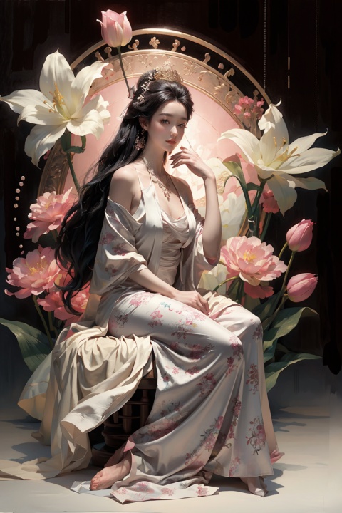 Masterpiece, best quality, 1 female (newspaper background), black hair, flowing hair, lotus cheeks, staring at the audience, **ooth leather oversized clothes, happy, (side view), whole body, lying in bed, (studio lighting), soft lighting, dark style, night style, (nipple: 0.85), (masterpiece, highest quality, official art, beauty and aesthetics: 1.2), (1 female: 1.4) Very detailed, inspired by Joshua Middleton Comics cover art: 1.1, (action painting: 1.6), (representativeness: 1.2), theater stage, (super large: 1.5), rich in color and highest in detail, Hulia, Chinese art, real dragon, underwater, elegant hands, exquisite nails, bath dragon, pink gold dress. Shuixia, glass, (white lily), (white lily), high-definition true face, clear sand, vertical separation