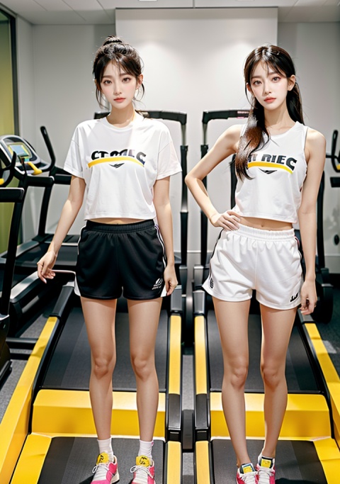 Twin girls, 2 girls, cute, gym, sportswear, shorts, long legs, clean white skin, working on a treadmill, wearing earphones, full body, facing the camera, high contrast, bright colors, ultra high definition image quality, 16k, realistic details