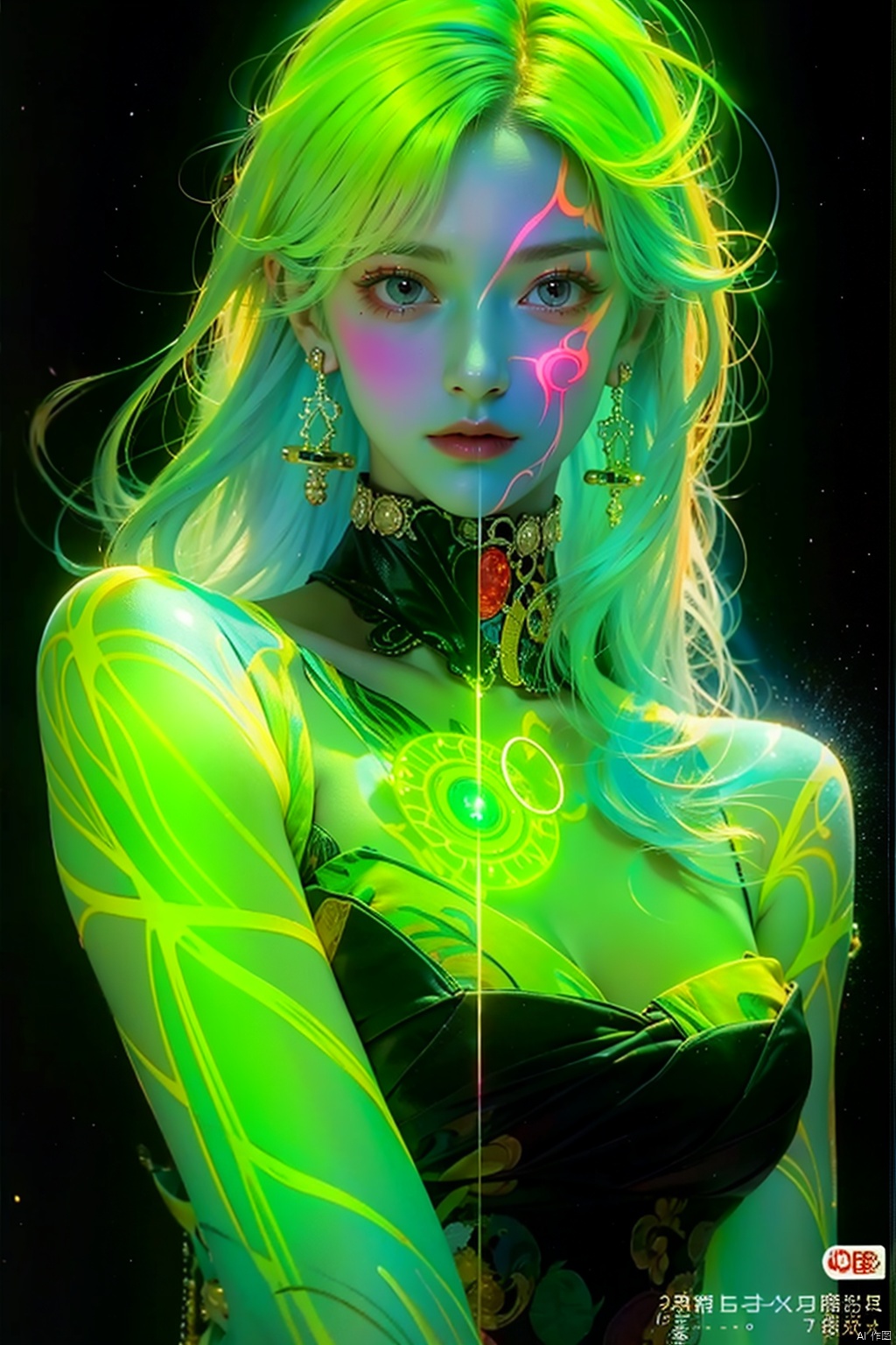  (1girl), light and shadow, wabstyle, glowing, white hair, long hair, wind, two-tone body, two-tone hair, (put nothing on:1.8),cleavage, shine tatoo, upper body, (photorealistic:1.4), flash, cinematic angle, mysterious, magical, obsidain, backlighting, fluctuation, 8k, photo, red, translucent, X-ray, goddess, (chakra:1.2),dress, glowing body, elegant, ntricate details, highly detailed,cinematic, dimmed colors, dark shot, muted colors, film grain, depth blur, blurry background dof, bokeh, realistic, realistic skin, Newspaper wall, hugefilesize,newspaper,
