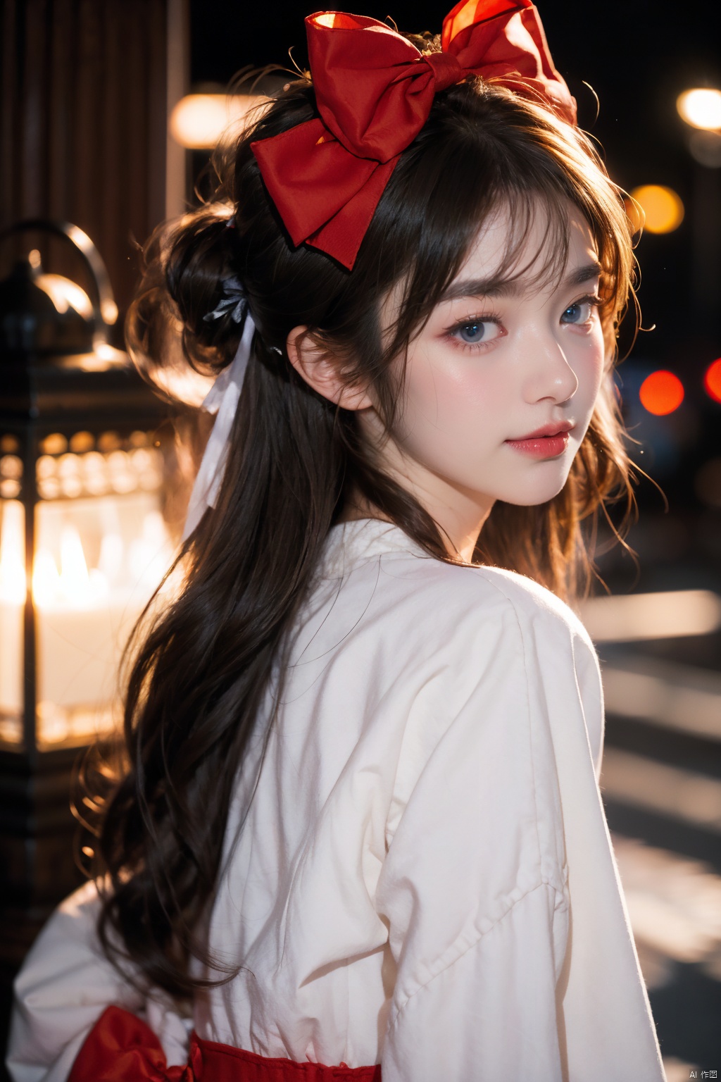  (extremely delicate and beautiful:1.2),1girl,fashi-girl, bangs, blue eyes, blurry, blurry background, bow, brown hair, closed mouth, from side, hair between eyes, hair bow, lantern, light particles, long sleeves, looking at viewer, medium hair, night, red bow, solo, star \(symbol\), upper body,smile,red lips, 1girl, qiqiu