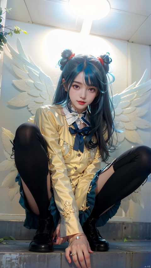  (beautiful, best quality, high quality, masterpiece:1.3) , solo focus,thin waist, wings , ggdizzy, (pure skyblue hair, red eyes:1.5),yellow hair ribbon,a girl have two wings and one wing is white and the other wing is black,smile,hair ribbon, glint sparkle,detached sleeves,whole body,