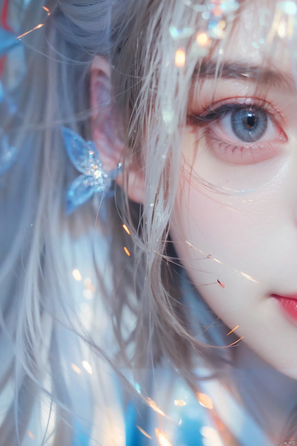  (extremely delicate and beautiful:1.2),1girl,fashi-girl, bangs, blue eyes, blurry, blurry background, bow, brown hair, closed mouth, from side, hair between eyes, hair bow, lantern, light particles, long sleeves, looking at viewer, medium hair, night, red bow, solo, star \(symbol\), upper body,smile,red lips, 1girl, qiqiu