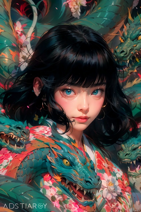  A smiling girl standing in front of a Chinese dragon, wearing a blue Hanfu, with clenched fists, surrounded by splashing waves, high quality photo, intricate details, sharp focus, dramatic lighting, trending on artstation, trending on CGSociety, 3D render, concept art, digital painting, smooth lines, beautiful composition, vibrant colors., long