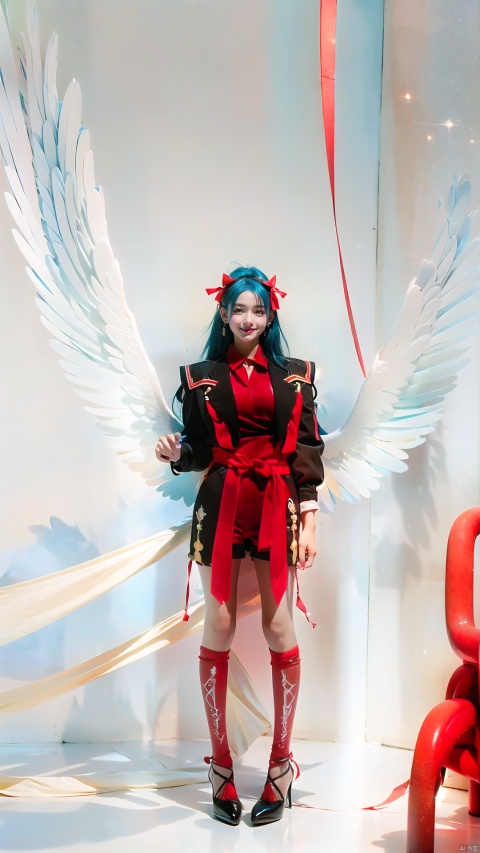  (beautiful, best quality, high quality, masterpiece:1.3) , solo focus,thin waist, wings , ggdizzy,((blue hair)), ((red eyes)),yellow hair ribbon,a girl have two wings and one wing is white and the other wing is black,smile,hair ribbon, glint sparkle