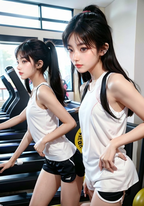 Twin girls, 2 girls, cute, gym, sportswear, shorts, long legs, clean white skin, working on a treadmill, wearing earphones, full body, facing the camera, high contrast, bright colors, ultra high definition image quality, 16k, realistic details