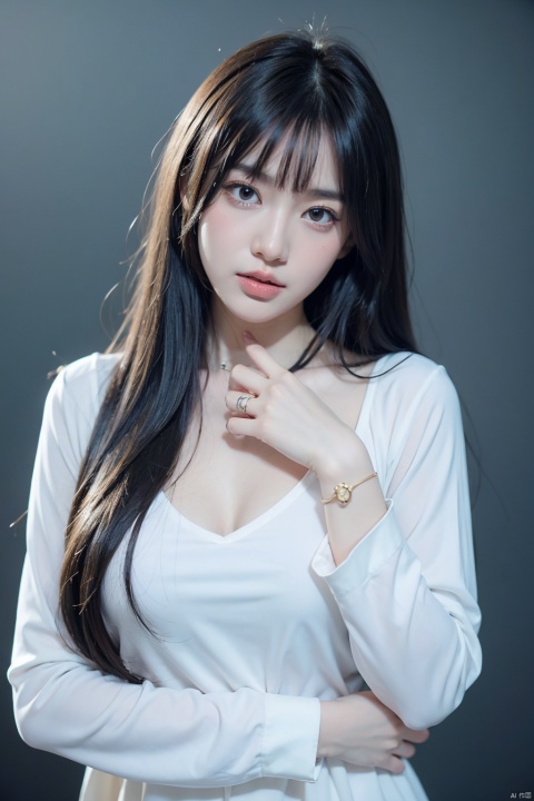  1girl,solo,black hair,long hair,jewelry,bangs,looking at viewer,blunt bangs,grey eyes,branch,bracelet,upper body,ring,flower,lips,straight hair,hand up,closed mouth,black background,red lips,japanese clothes,beads,long sleeves,