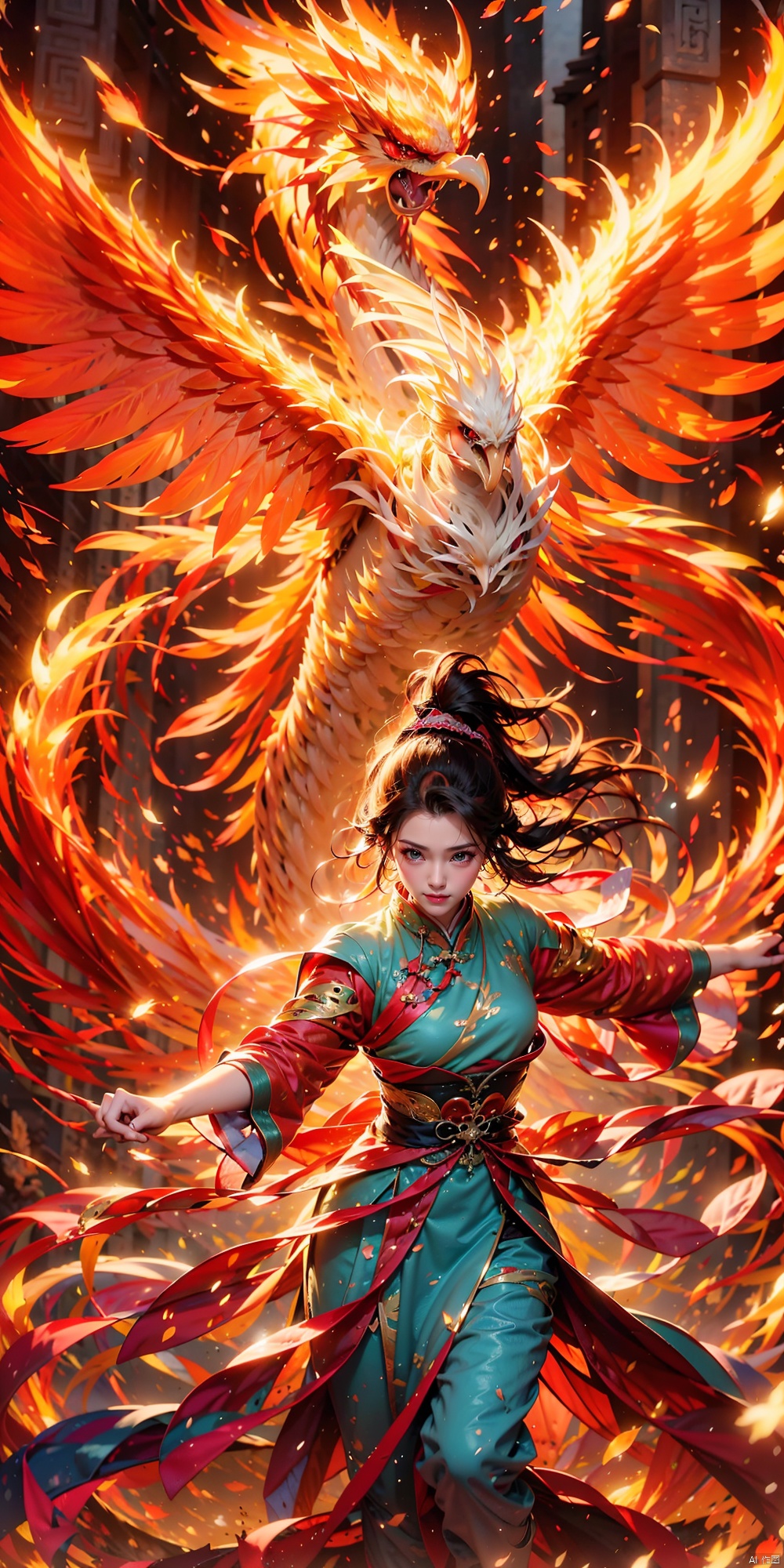  1 Girl, Ancient Chinese Hanfu, White Hair, Long Sleeved, Dynamic Pose, Ancient Chinese Architecture, Giant Phoenix, Energy Storm, Watching Audience, Female Focus, Outdoors, Standing, Phoenix