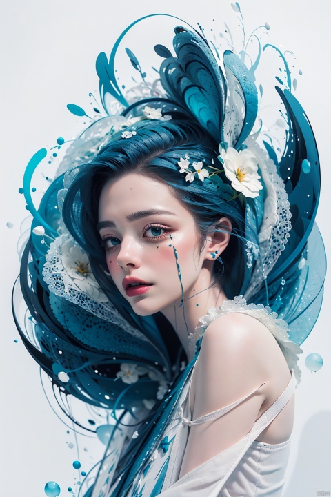  masterpiece, best quality, ultra high res, (extreme detailed), (1 beautiful girl), (abstract art:1.4),bleeding green, visually stunning, beautiful, evocative, emotional, ((white background)), blue theme,