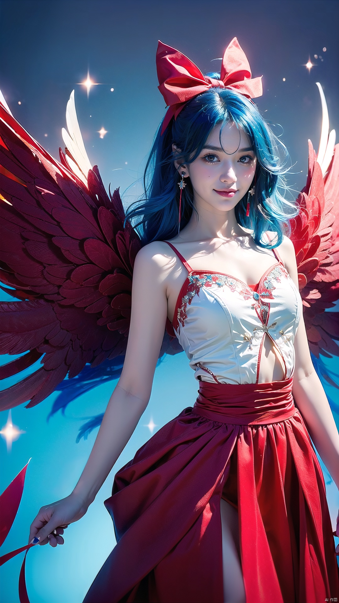  (beautiful, best quality, high quality, masterpiece:1.3) , solo focus,thin waist, wings , ggdizzy,((blue hair)), ((red eyes)),yellow hair ribbon,a girl have two wings and one wing is white and the other wing is black,smile,hair ribbon, glint sparkle