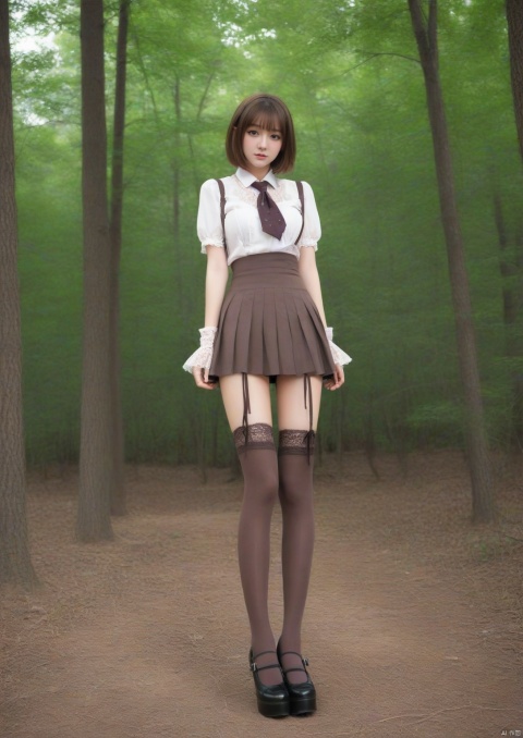  1girl, full body,(huge breasts:1.3, long legs),solo, skirt, brown_hair, brown_eyes, short sleeves, standing, pleated_skirt, necktie, high heels, lace trim,(lace-trimmed socks over thighhighs),forest,moyou,Punk, 21yo girl, pantyhose