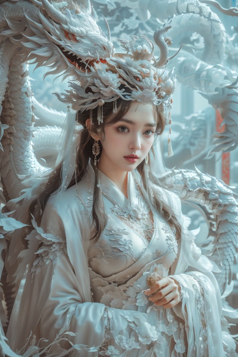  A royal elder sister, Keywords portrait photography, close-up shooting of people's faces, Front view, solemn,realism,,drakan_longdress_crown,Jewelry, gorgeous palaces, Chinese dragons, drakan_longdress_crown,Imperial robe,Dragon crown