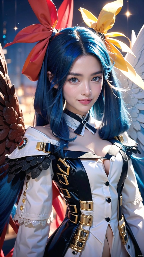  (beautiful, best quality, high quality, masterpiece:1.3) , solo focus,thin waist, wings , ggdizzy,((blue hair)), ((red eyes)),yellow hair ribbon,a girl have two wings and one wing is white and the other wing is black,smile,hair ribbon, glint sparkle