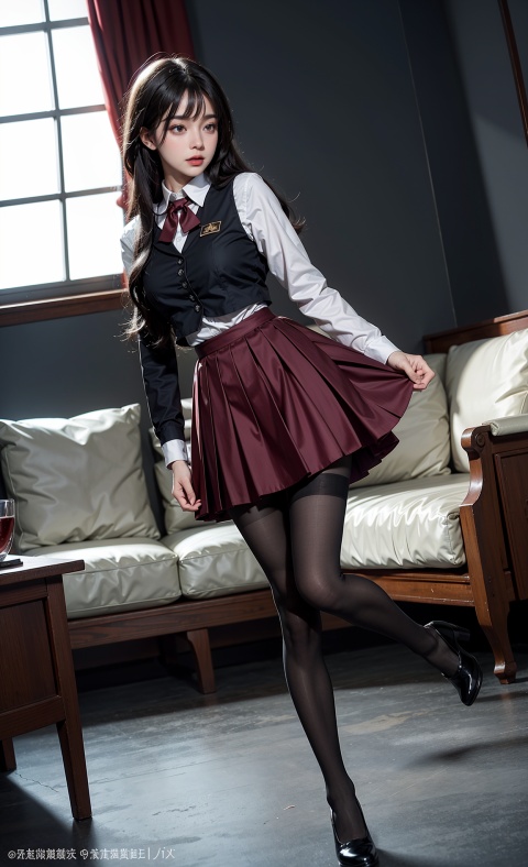 Reality, official art, uniform 8k quality, super detail, fine detail skin, movie angle, movie texture, movie lighting, masterpiece, best picture quality, deep shadows, backlight, silhouette, light, school uniform, pleated skirt, living room, 1 girl, vermilion lips, messy hair, 1 girl, mini skirt,  showy underwear, huge chest, bj_ Devil_ Angel, Tiffany Lockhart, Serafuku, head up, looking at the audience, with skirts, long legs, standing opposite the audience, looking up from an angle,tutuwl,cyborg,black pantyhose,WZRYchangeLHDY,WZRYdaqiaoMGRJ,Shiny thigh straps, high heels, full-body close-ups, black pantyhose,WZRYdaqiaoMGRJ,xuxin,yunyun,WZRYhaiyueFMLY,1girl,veil,solo,zhuzhuqing