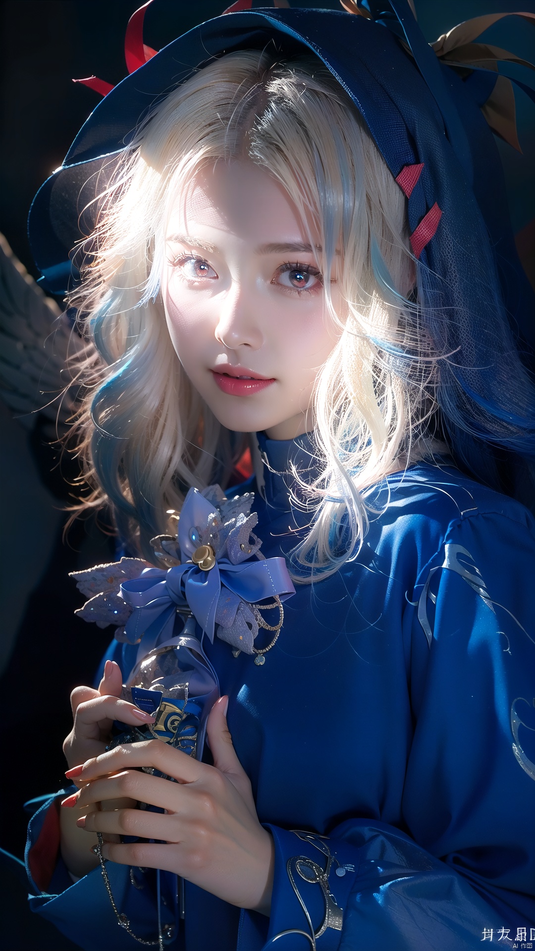  (beautiful, best quality, high quality, masterpiece:1.3) , solo focus,thin waist, wings , ggdizzy,((blue hair)), ((red eyes)),yellow hair ribbon,a girl have two wings and one wing is white and the other wing is black,smile,hair ribbon, glint sparkle