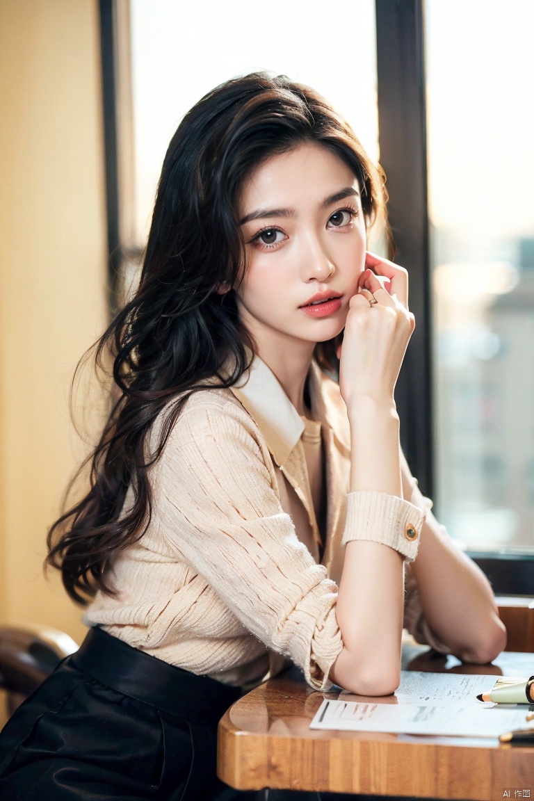  xiannv,1girl,long hair,black hair,skirt,solo,indoors,shirt,striped shirt,striped,holding,window,blurry background,black skirt,pen,blurry,leaning forward,parted lips,pencil skirt,brown eyes,table,chair,jewelry,collared shirt,cinematic,HD,Lucid,detailed,photography,colorful,atmospheric,perfect lighting,aesthetic,elegant,Delicate features, clear eyes, nose, mouth, ears, eyebrows, seductive expression, sexy lips