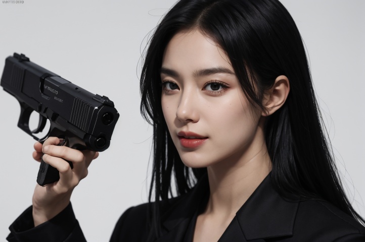 (masterpiece):1.2,(best quality):1.3,monochrome photography,close-up,1boy,(45yo),solo,upper body,standing,finger_gun,(gun):1.2,With a pistol in hand,aim,black hair,long hair, wavy hair, parted bangs, dark_persona,(evil):1.2,excited,(laughing):1.3,(sinister):1.2,black eyes,black suit , shirt,(white background):1.3, simple background, 
