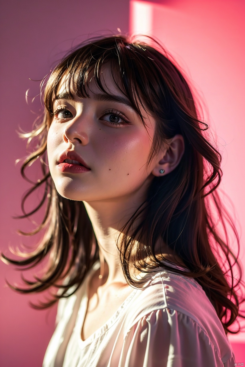  1girl, hime cut,pink background, portrait (object), light and shadow, freckles, depth of field, long hair, shut up, facing the audience,moyou