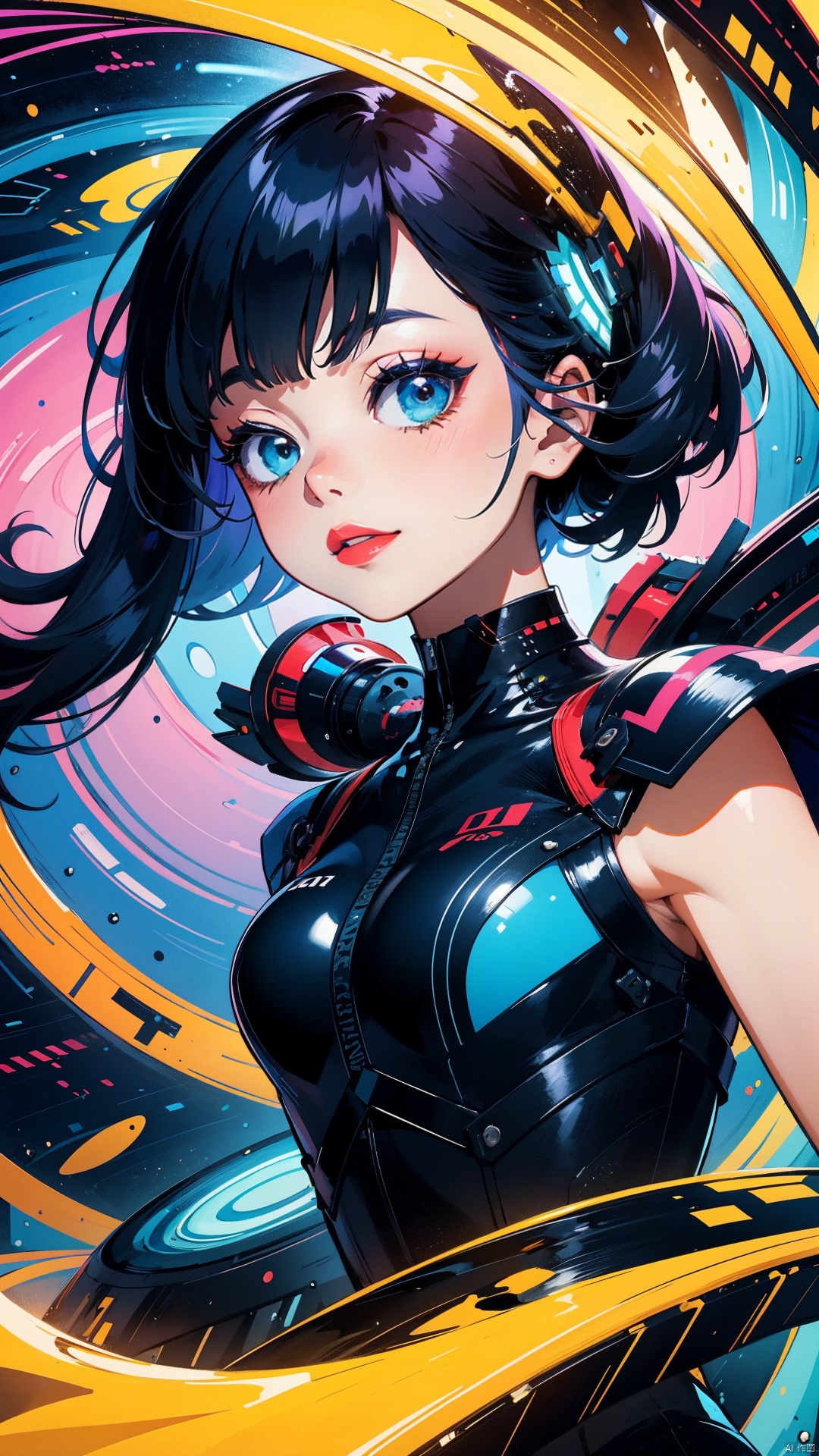  Illustration,futuristic,NFT art,fluorescent
colors,laser colors, a cute girl looking up and smiling,combination of 2d and 3d, solid color backqround, celshadow,Tindal effect, non-photorealistic rendering,transparency, color tilt, animation, blender, geometric artacrylic painting, HUBG_Beauty_Girl